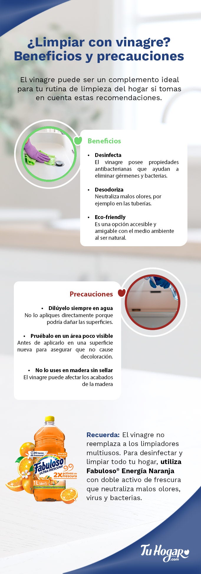 Infografía con los beneficios  y precauciones de limpiar la casa con vinagre