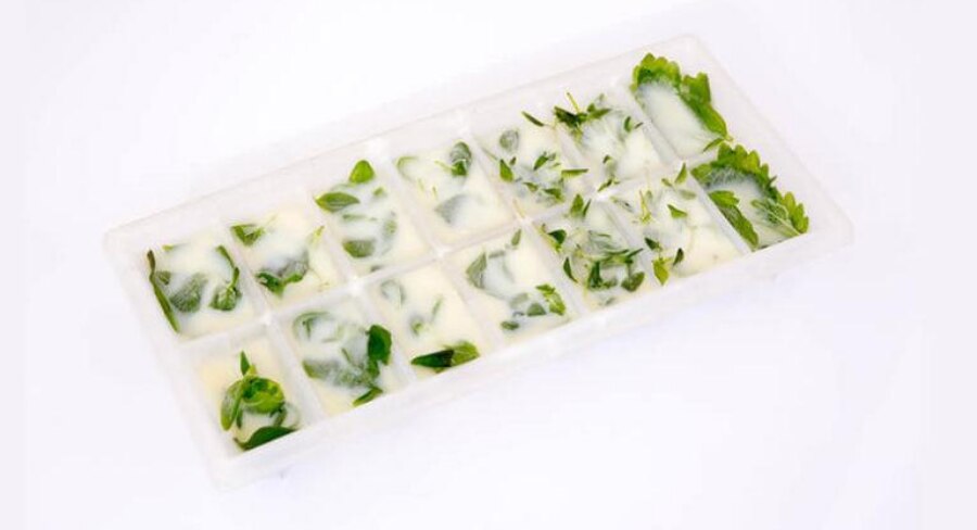 Toma las hierbas y colócalas en los moldes para cubos de hielo.  Vierte el aceite de oliva hasta llenar el molde.  Congela.