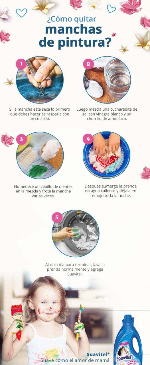 Pasos para quitar manchas de pintura en la ropa con vinagre, bicarbonato, cepillo y suavizante suavitel