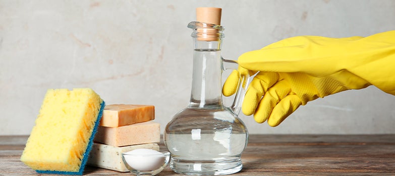 Esponja, taza con vinagre blanco y mano enguantada