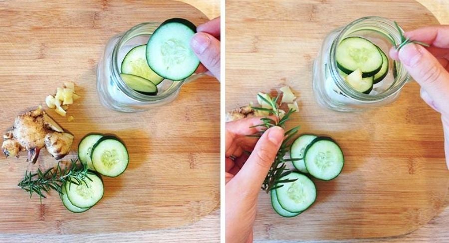 infusiones de agua fresca con pepino, jengibre y romero