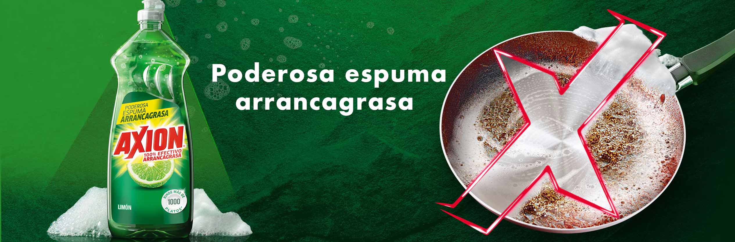 axion-limon-desktop-mx.jpg Su poderosa espuma arranca la grasa más pegada para una limpieza profunda y efectiva, dejando los trastes rechinando de limpio en menos tiempo y con menos esfuerzo.